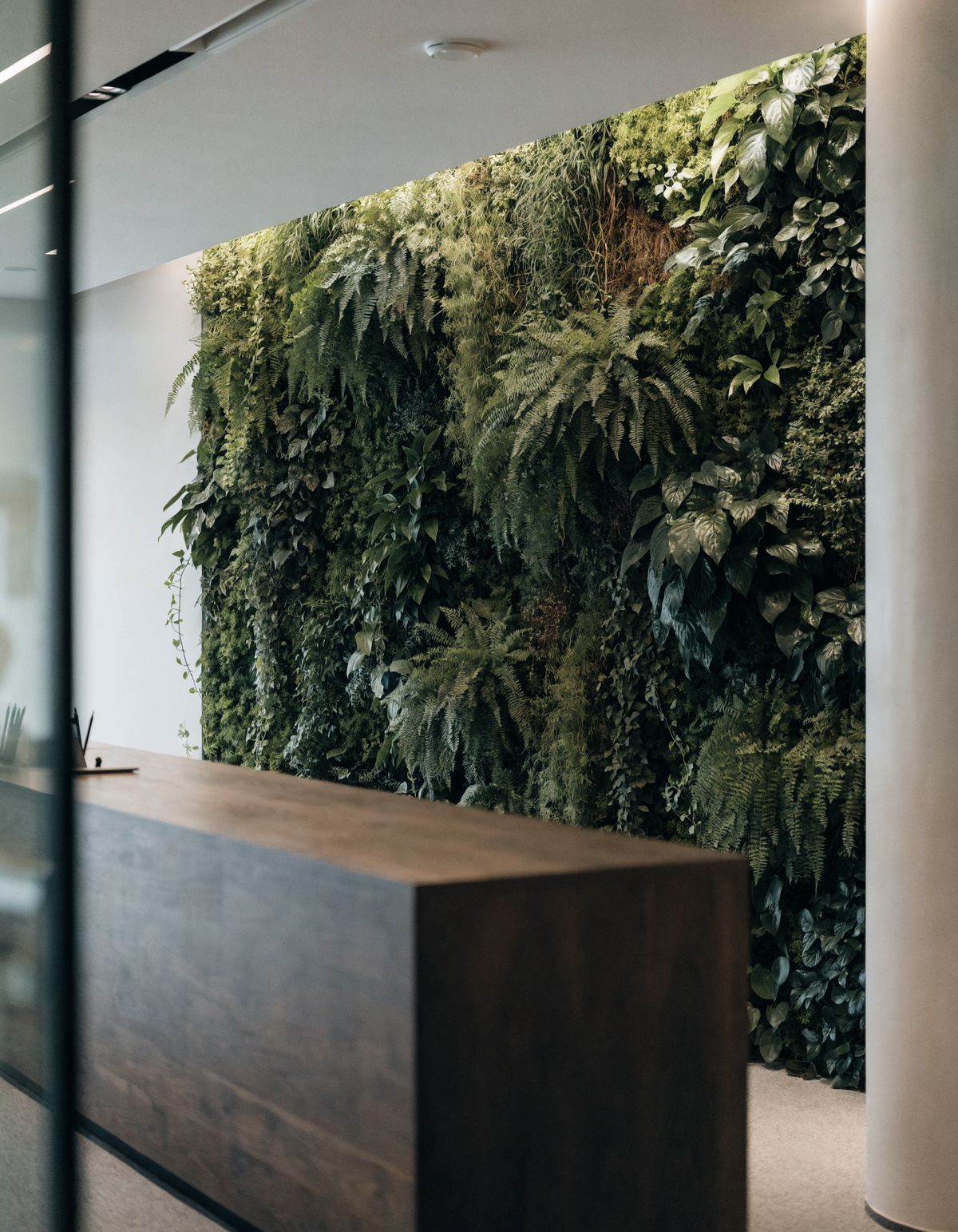 Lush artificial green wall in a modern office reception