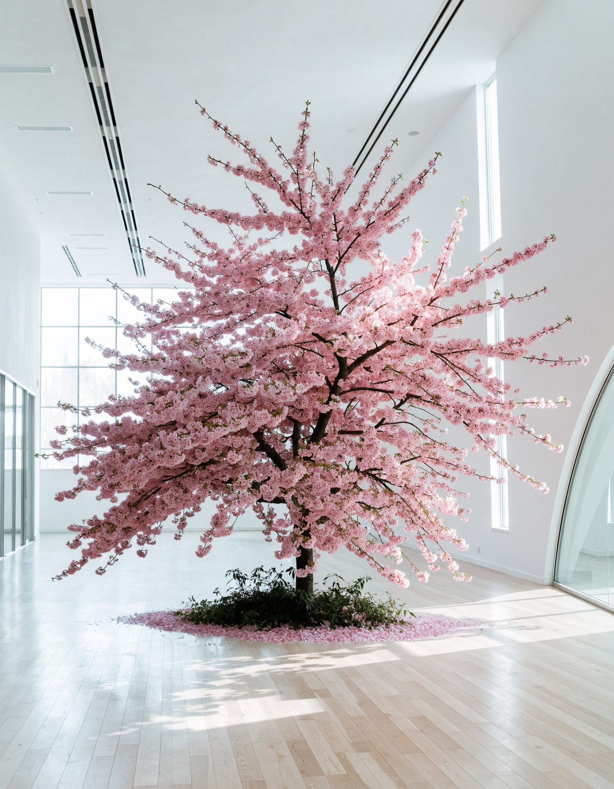 Artificial cherry blossom tree in full pink bloom in a bright event space