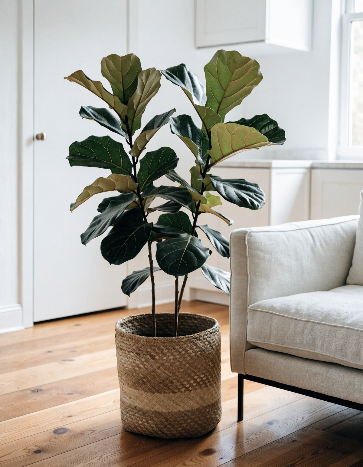 Artificial fiddle leaf fig tree in a woven basket in a bright living room