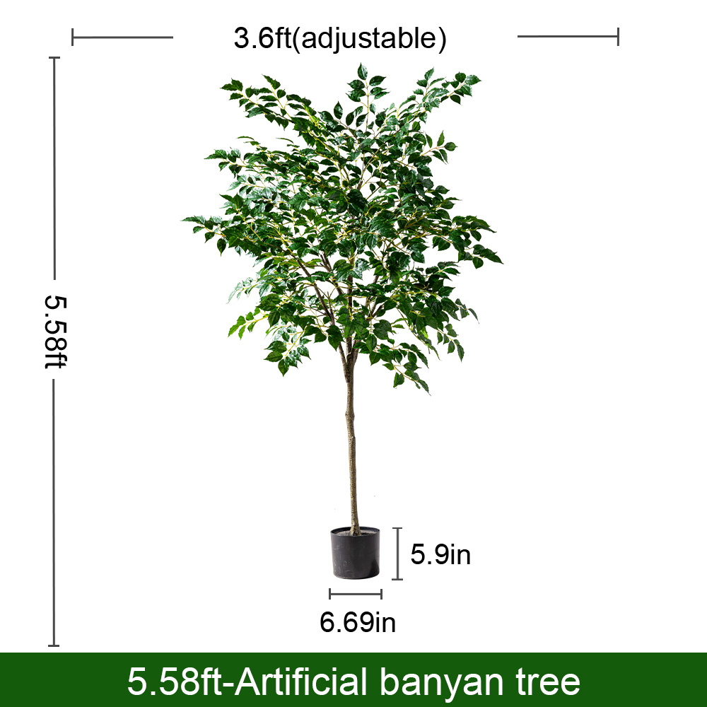 Artificial banyan tree 6ft tall, potted, dense green leaves on a spreading crown
