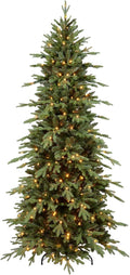 Close-up of the warm white lights set deep in among the green needles