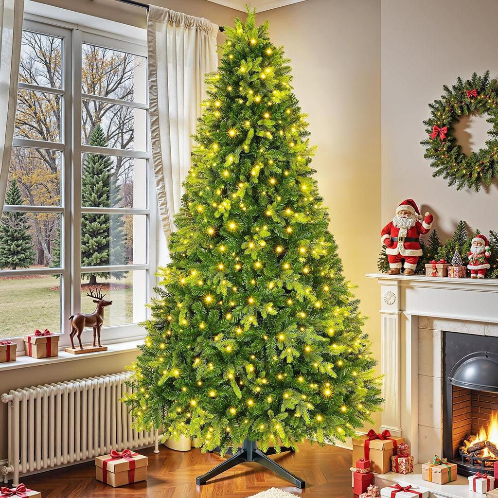 Close-up of the spruce needles with the pre-fitted lights among the branches