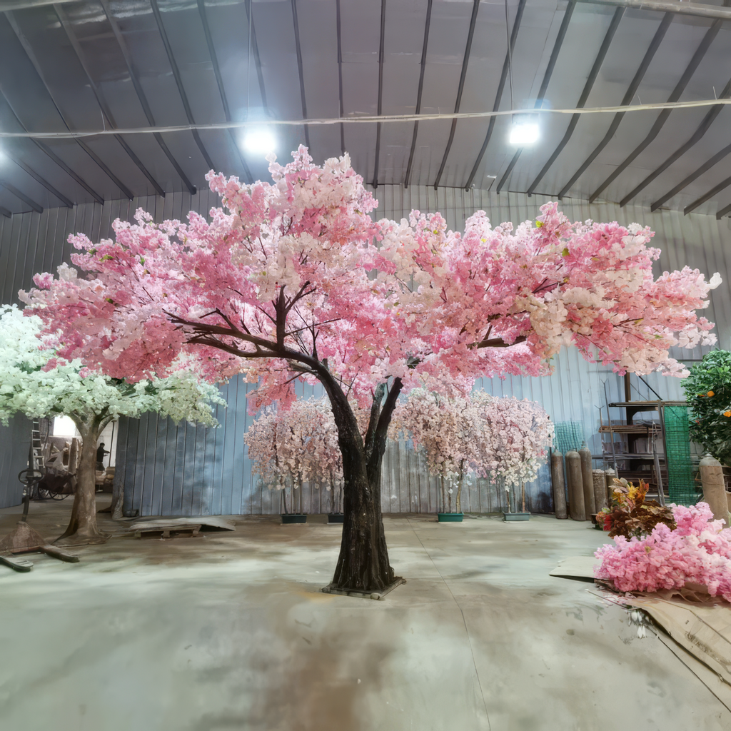 Artificial cherry blossom tree 10ft tall, vibrant pink flowers over a wide crown