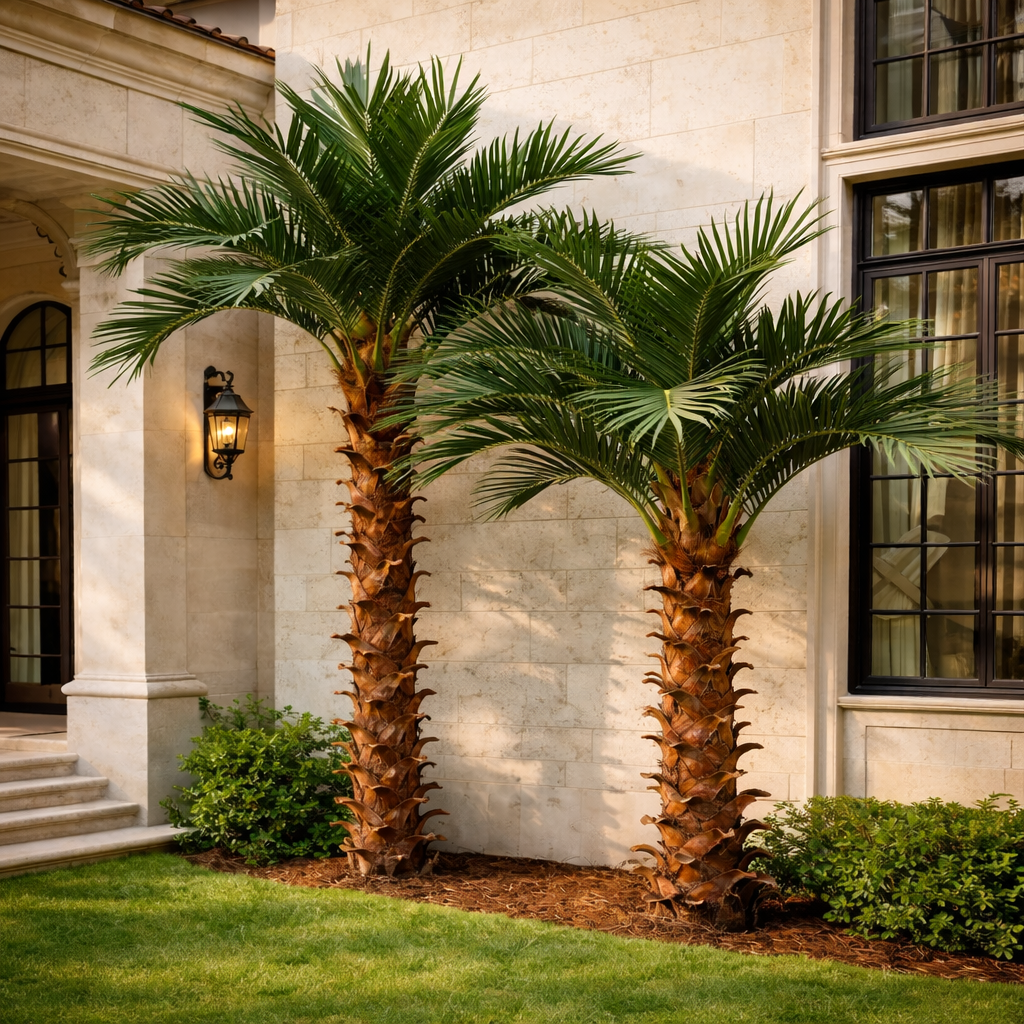 Faux coconut palm 8ft tall, potted, broad fronds arching out from the crown