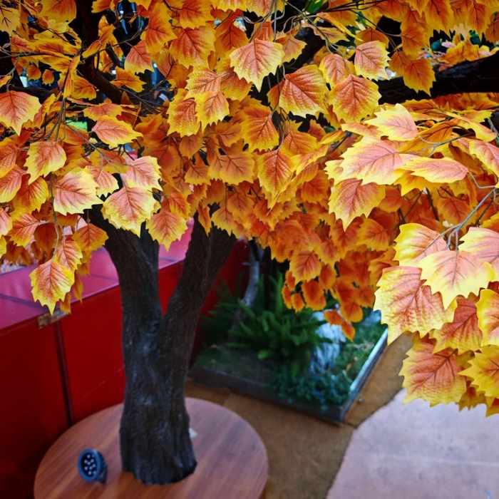 The UV-resistant ginkgo canopy seen from below against a bright ceiling
