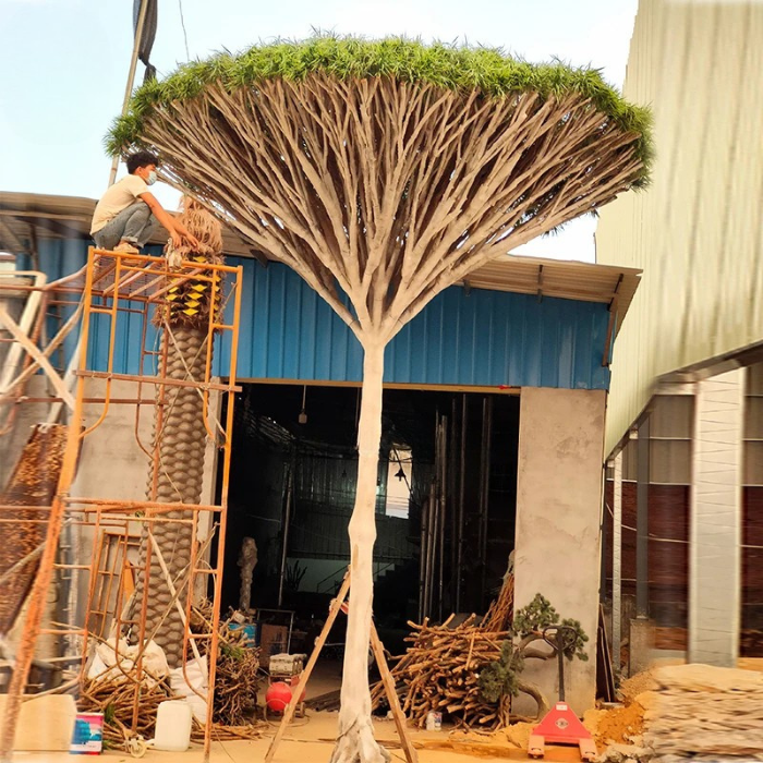 The outdoor-ready dracaena on a terrace standing beside patio furniture