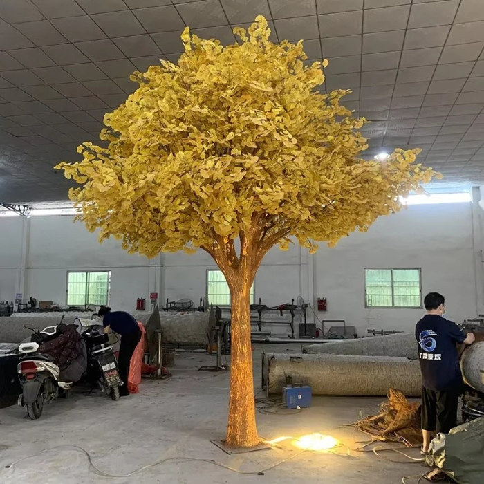 Gold artificial ginkgo tree 14.4ft (4.4m) tall, LED lit leaves on a fibreglass trunk