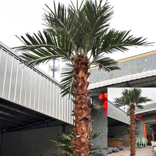 Decorative artificial coconut palm for outdoor landscaping, fronds at the crown
