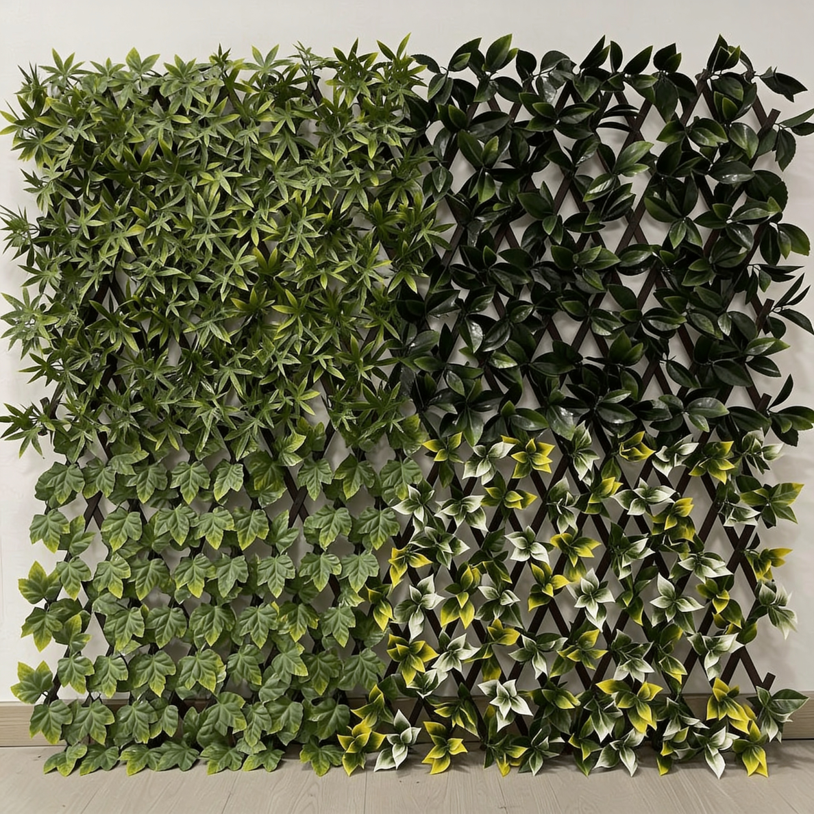 Artificial ivy privacy screen on a plastic trellis panel, thick with green ivy leaves