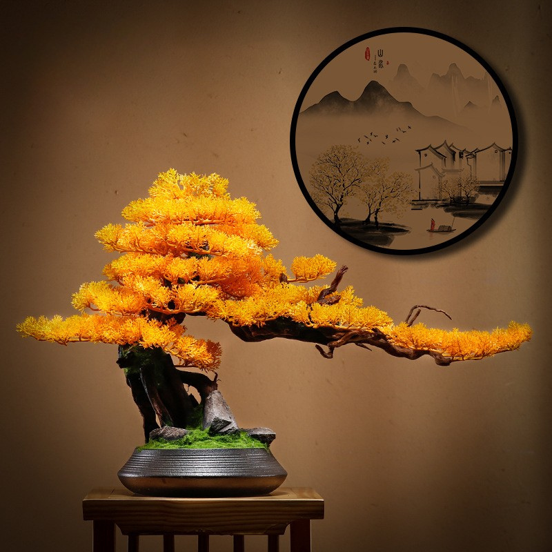 The bonsai on a low sideboard beside a lamp in a bright living room