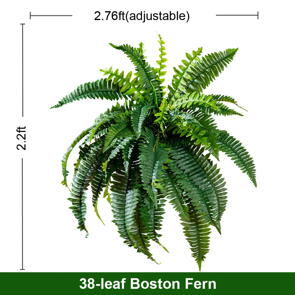 The PE fern hung in a basket on a balcony, beside outdoor patio seating