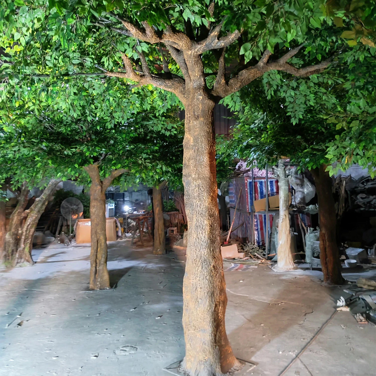 The banyan trunk and its aerial roots, moulded with deep bark texture
