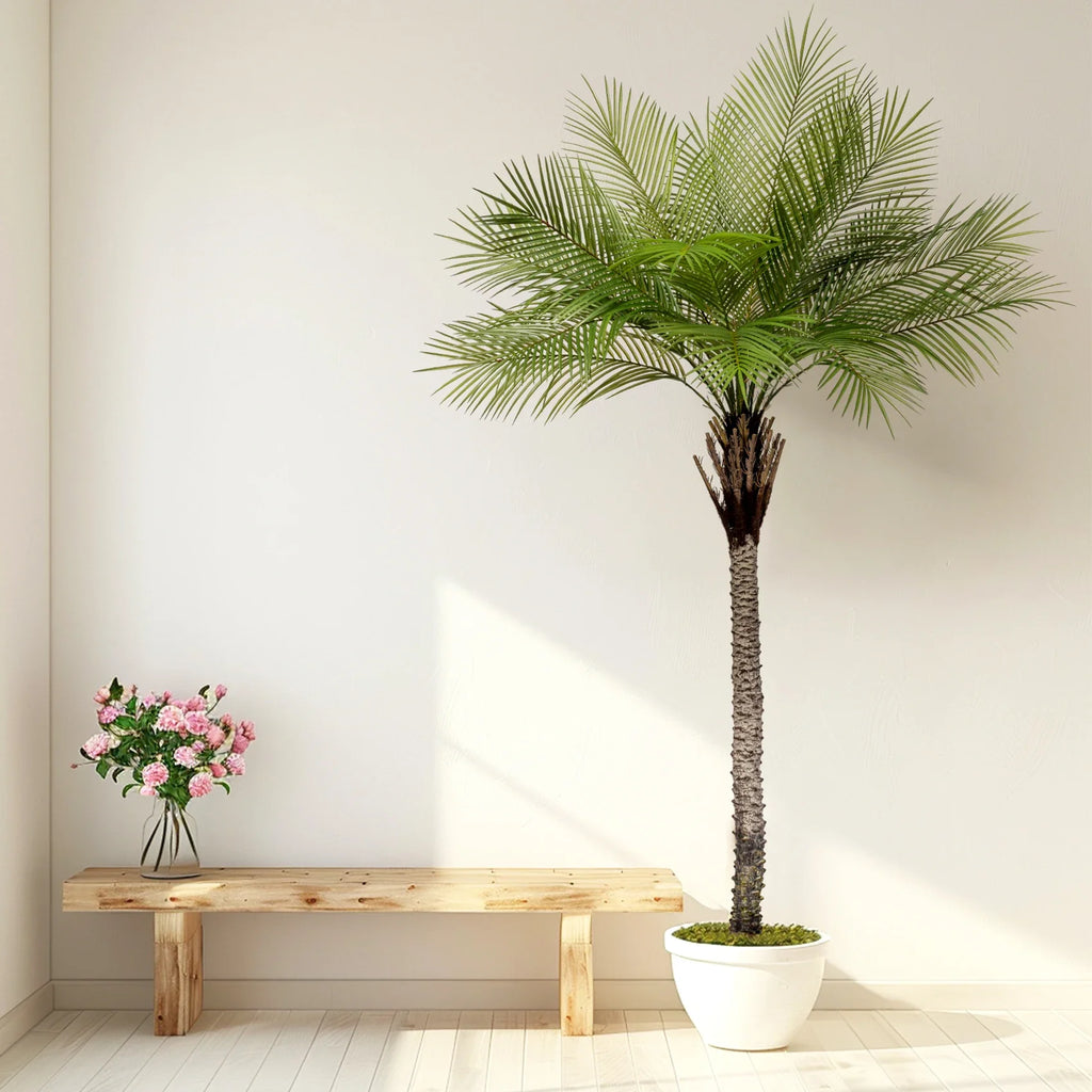 The trunk of the 7.5ft artificial palm, textured to match real palm bark