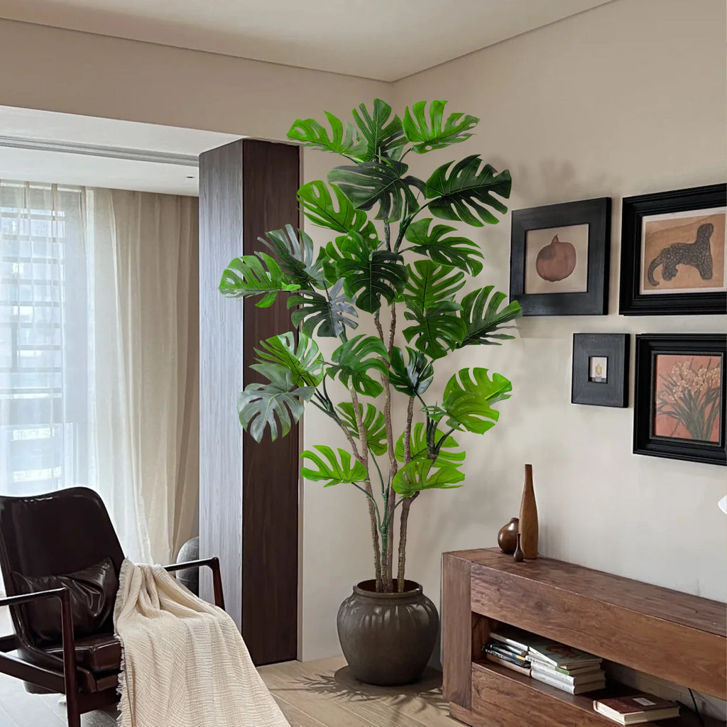 Real-touch artificial monstera 7.5ft tall, with broad split leaves on upright stems