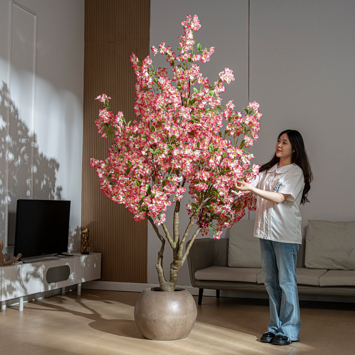 Artificial bougainvillea tree 7ft (220cm) tall in full flower, standing in a white pot