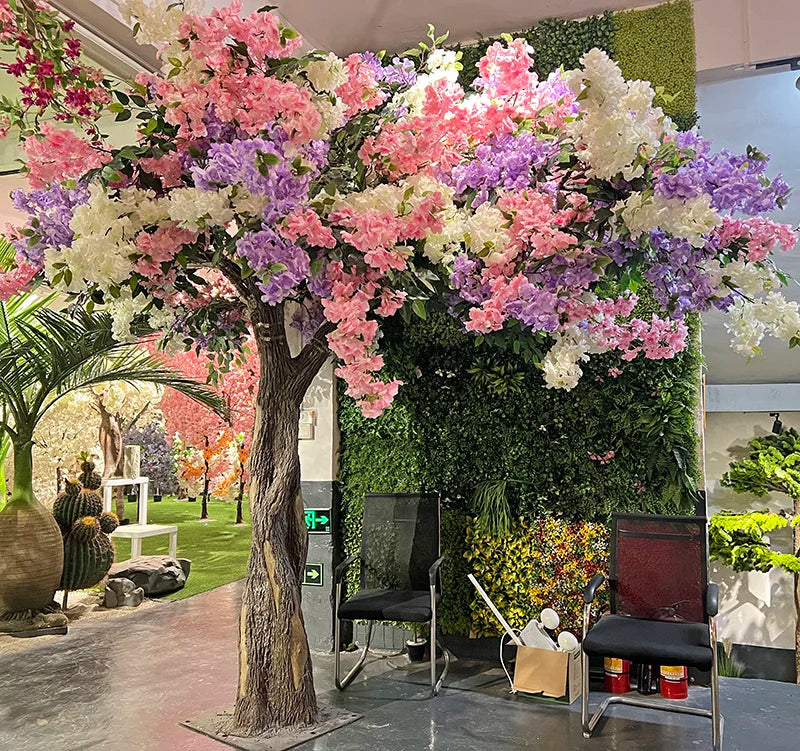 White cherry blossom tree 8ft tall, lit branches rising from a fibreglass trunk
