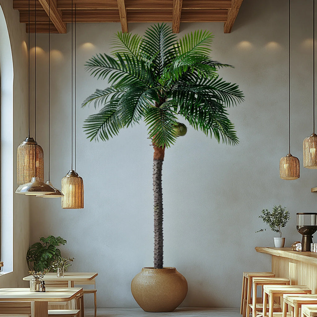 The potted metal palm used outdoors on a patio standing beside furniture