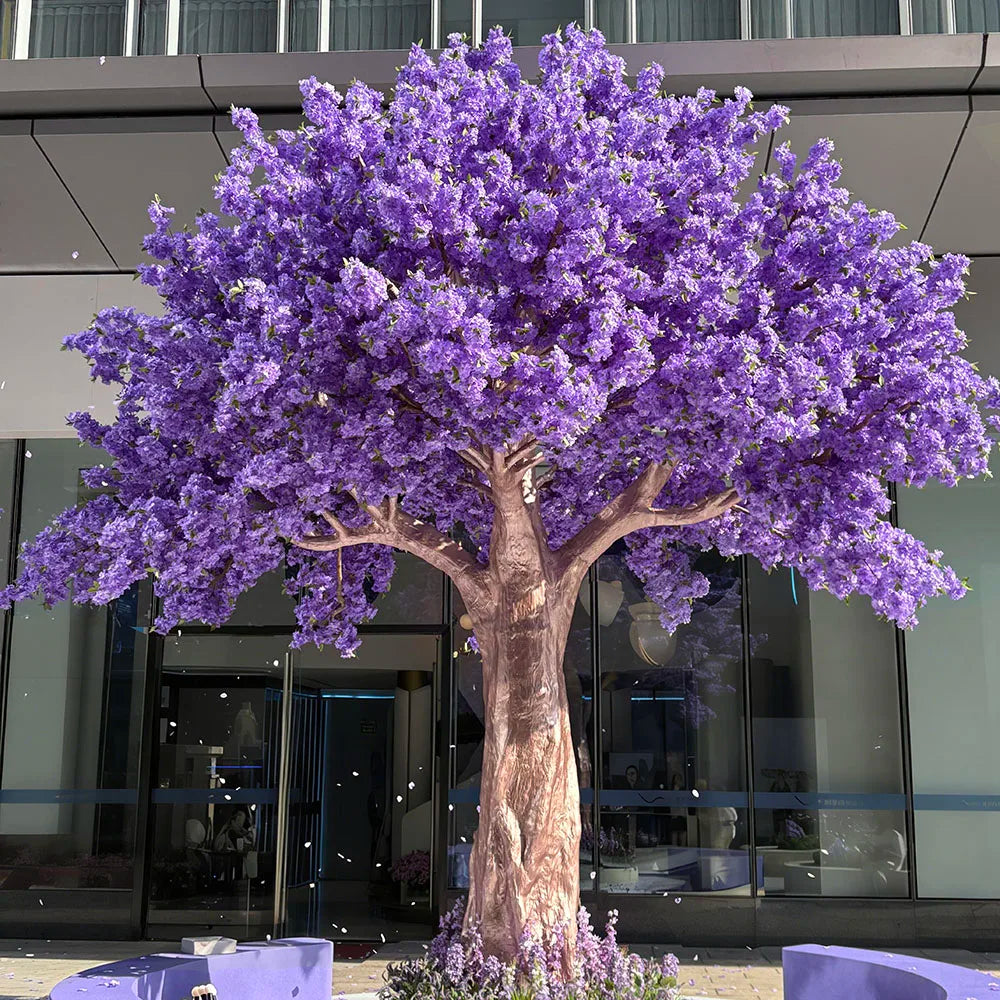 Artificial jacaranda tree in purple blossom, built on a stainless steel branch frame