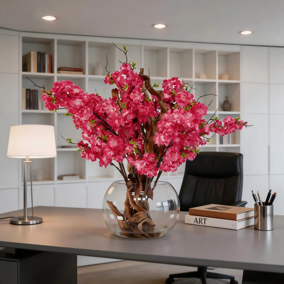 Faux red decorative flower stem, 70cm long, with red blooms set along a slim stalk