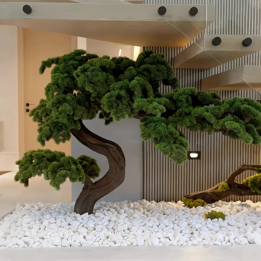 Lifelike artificial pine bonsai 6ft tall, branches layered into flat green pads
