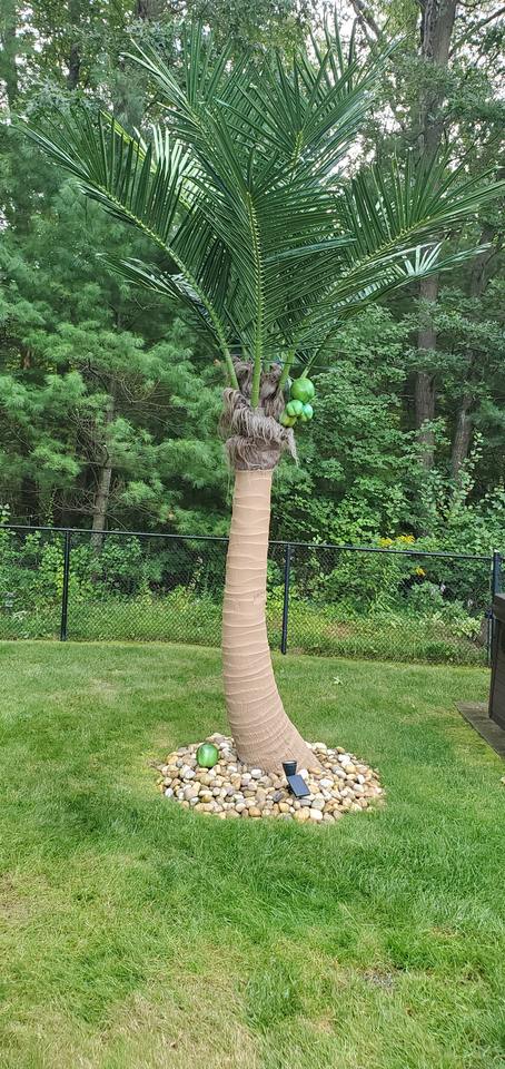 The 2m artificial coconut palm placed in a hotel lobby beside a seating group