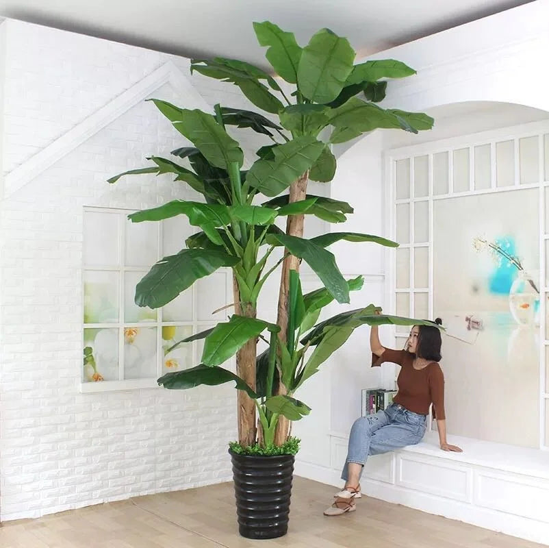 Artificial banana plant 12ft tall, very large leaves arching from a thick stem