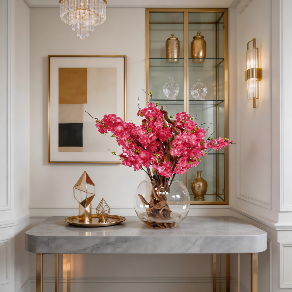 Red flower stems used in a seasonal display at a hospitality reception desk