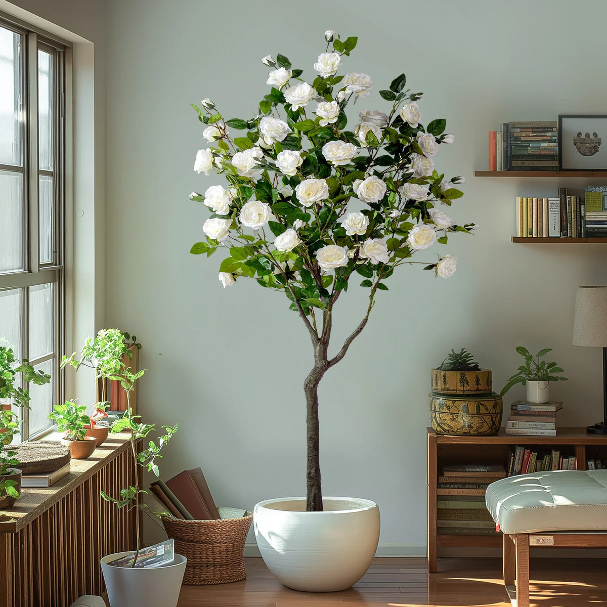 Artificial rose tree 5.5ft tall, white and pink roses massed into a round crown