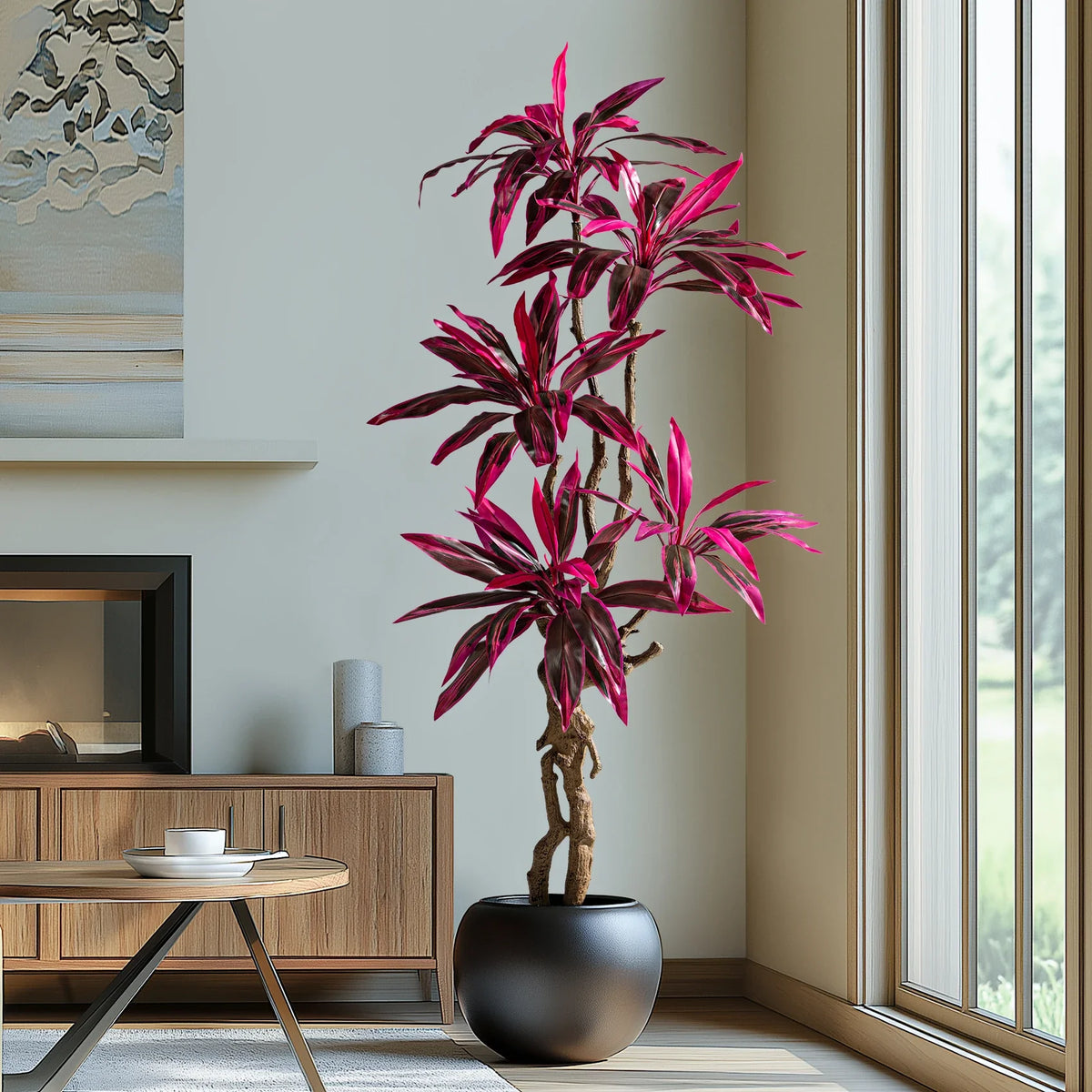 Artificial Brazilian iron wood plant, potted, with broad green leaves on upright stems