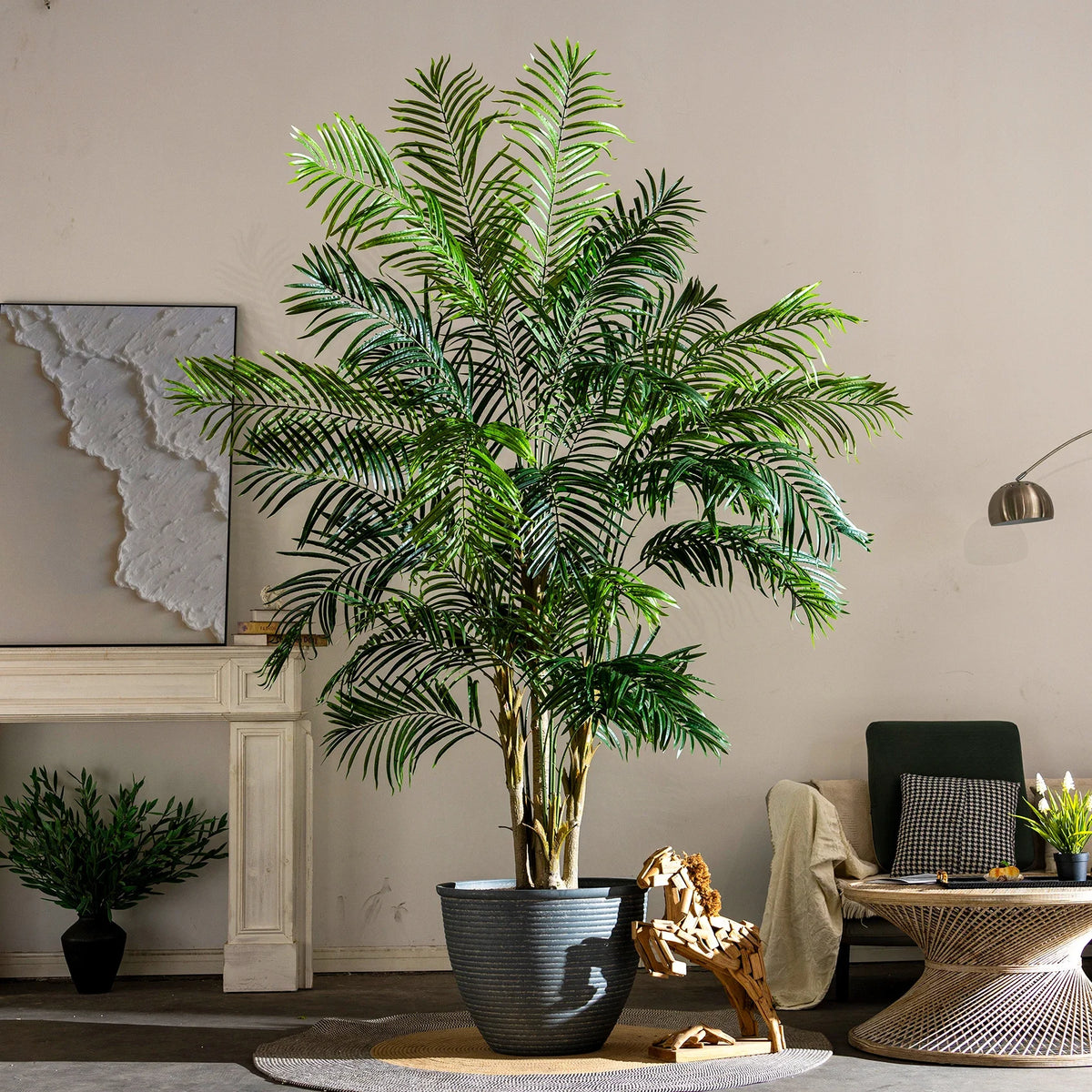 The 280cm lady palm in a hotel lobby standing beside a lounge seating group