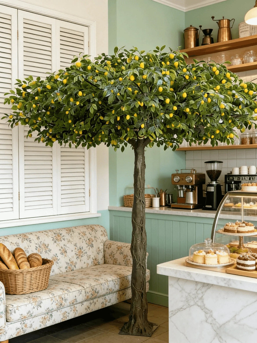 Base and planter of the artificial lemon tree, finished with moss and stone