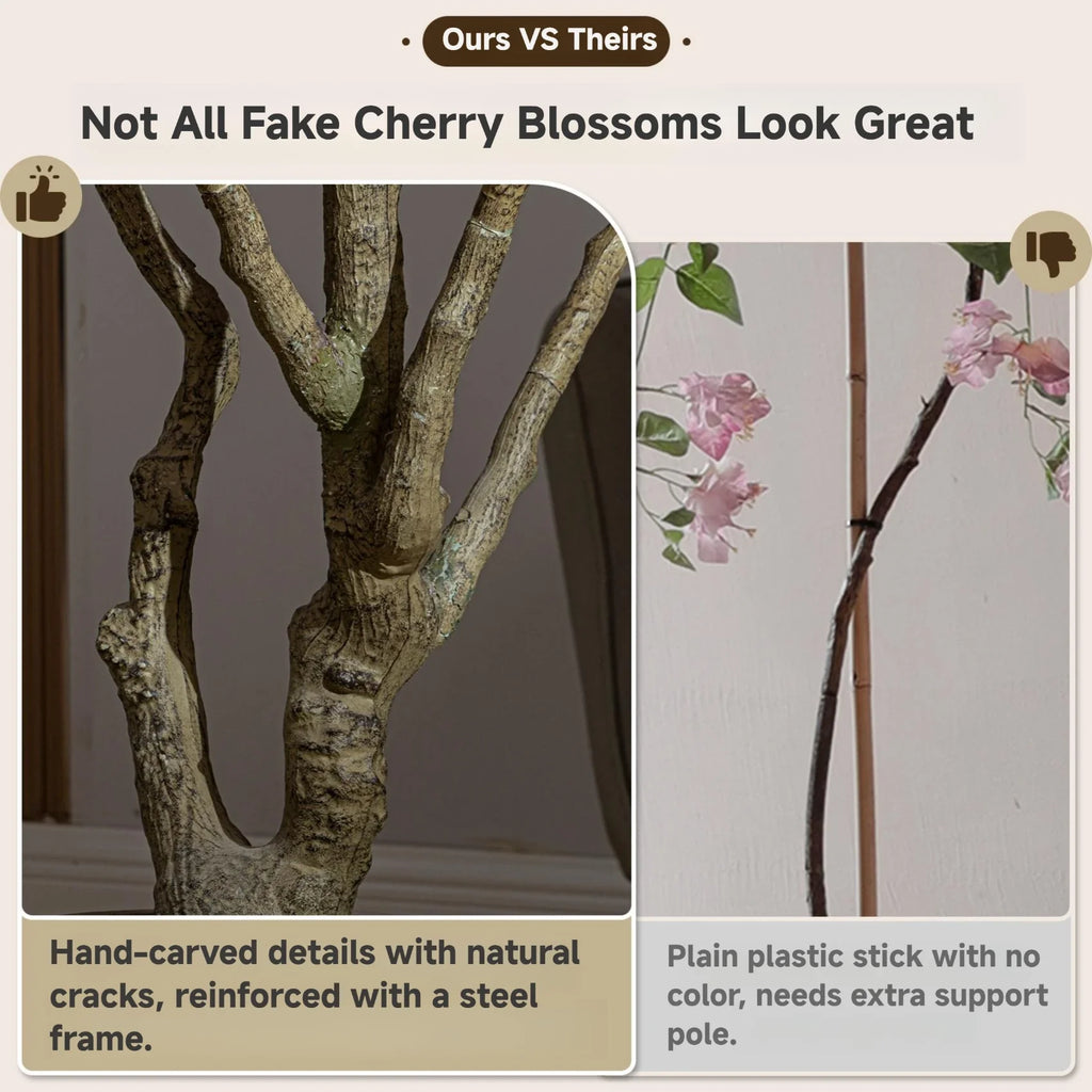 The blossom tree in an indoor lobby, flowers reaching out over the floor