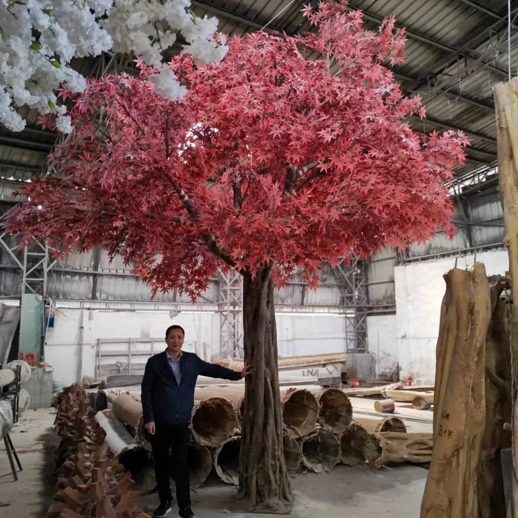 Artificial maple tree 17ft tall, foliage spread across a very wide custom canopy