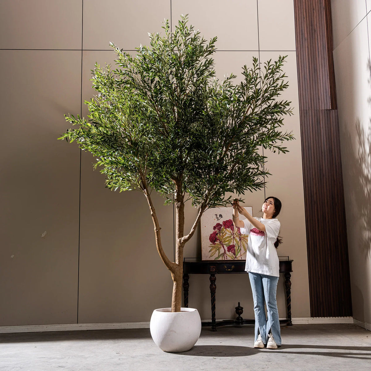 Artificial olive tree 210cm tall, potted, silver-green foliage on a realistic trunk