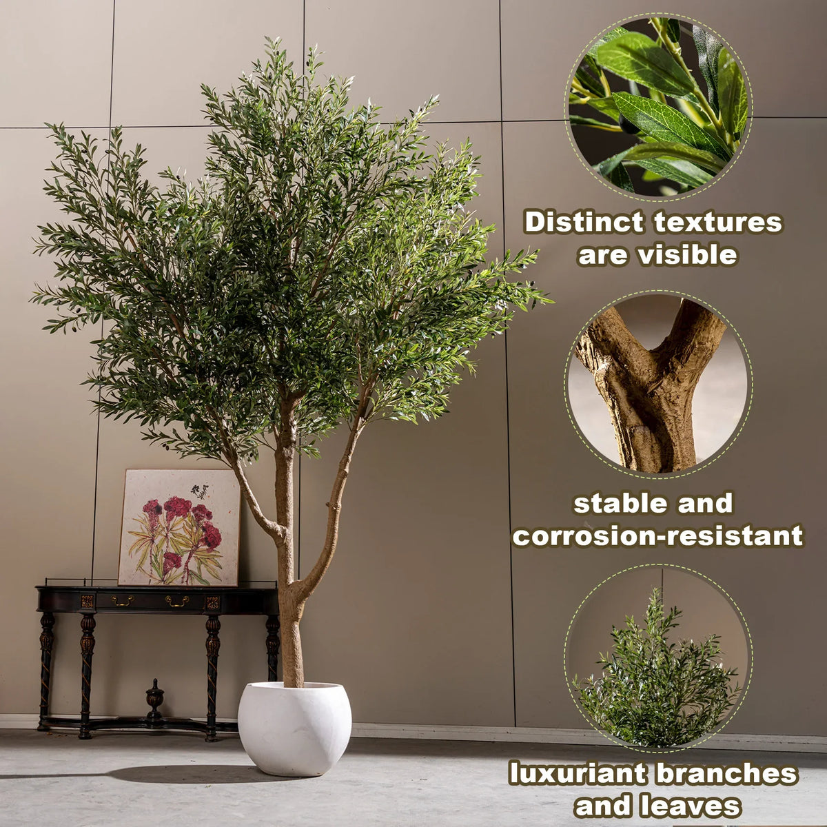 Pot and base of the 210cm artificial olive tree, topped with moss and stone