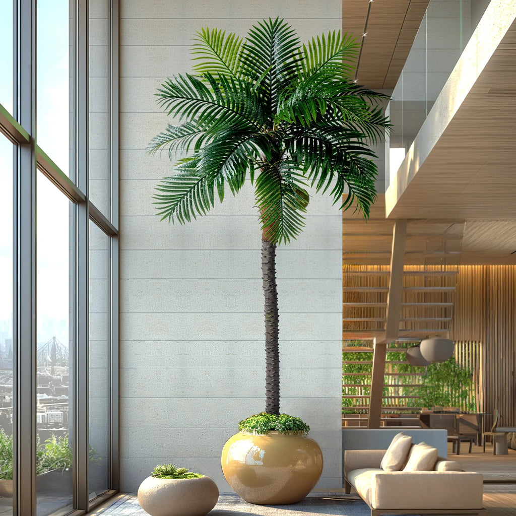 The metal-framed trunk of the palm, wrapped and textured to look like palm bark
