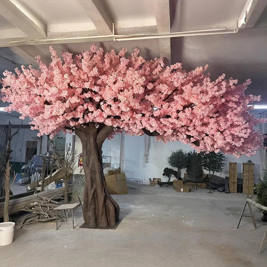 Artificial sakura tree 10ft tall, pink blossoms massed across a wide open crown