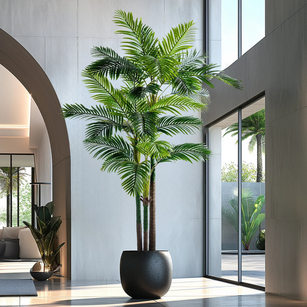 The same artificial palm used outdoors on a terrace beside a swimming pool
