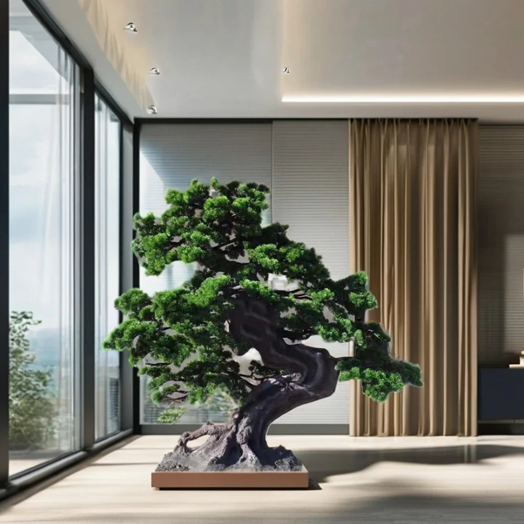 The 5.5ft bonsai in a hotel lobby standing beside a lounge seating group