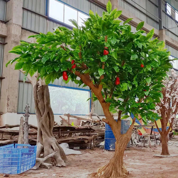 Artificial cocoa tree 2.5m tall, long glossy leaves with cocoa pods on the trunk