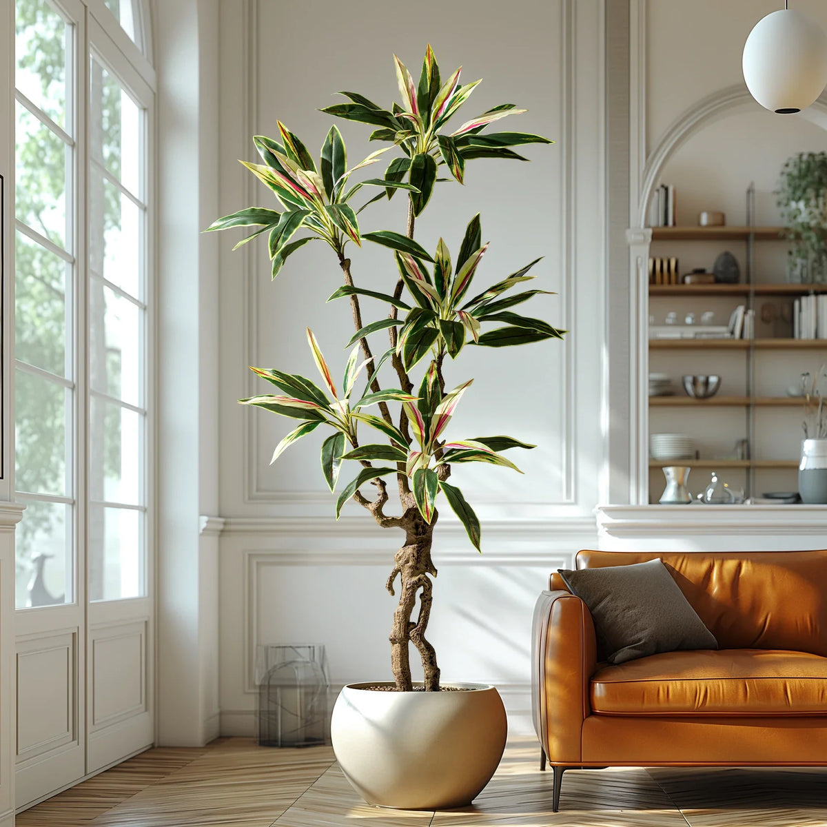 The potted plant standing in a home interior beside a bright living room window