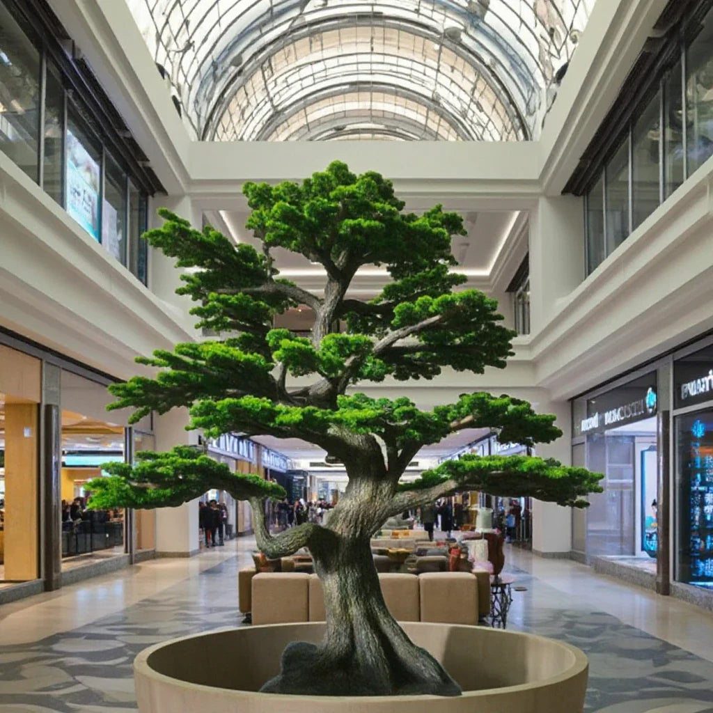 Base of the 11.5ft artificial pine bonsai where it meets its planter