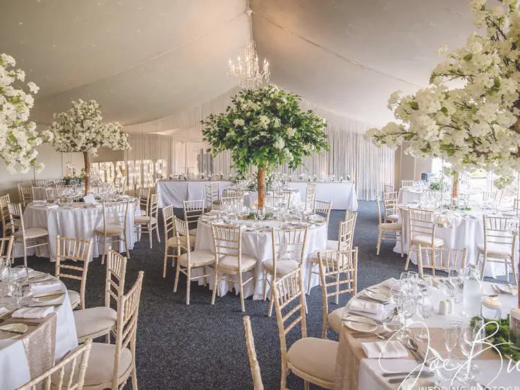Several birch centrepiece trees set out down a long banquet table