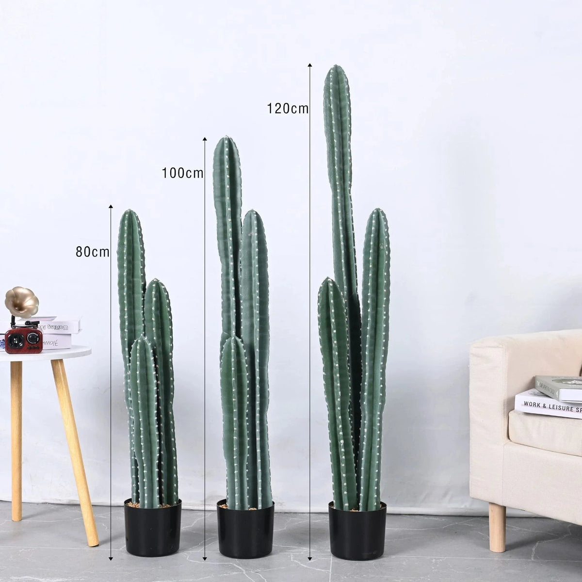 The three-stem cactus set on a console table in a restaurant interior