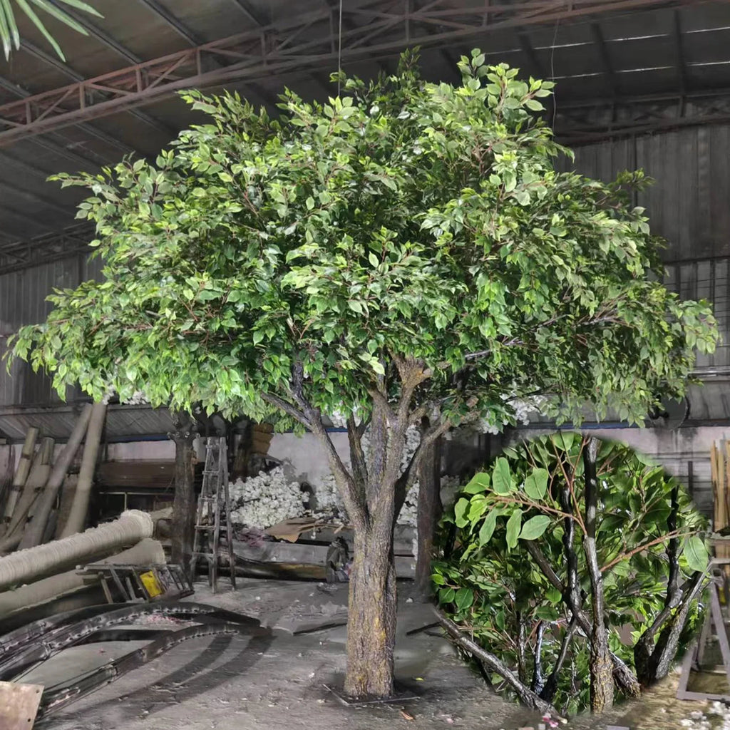 Artificial banyan ficus 13ft tall, green foliage spread across a broad outdoor crown