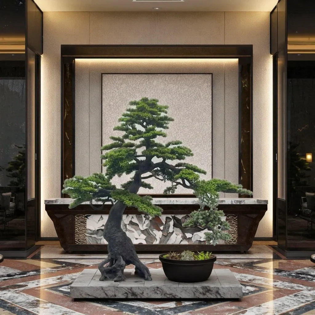 Artificial bonsai pine 6.5ft tall in a faux cedar style, branches shaped into pads