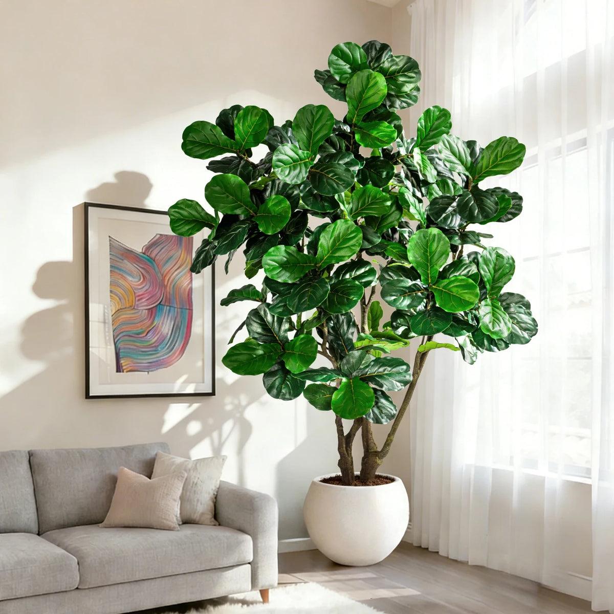 Artificial fiddle leaf fig with large violin-shaped leaves on tall upright stems