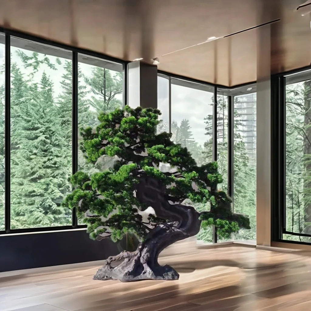 The sculpted trunk of the 170cm pine bonsai curving up from its base