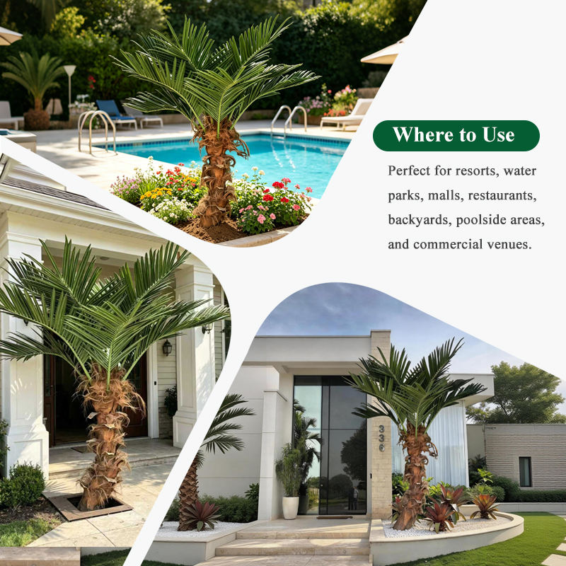 Curved coconut palms lining a shopping mall walkway as landscape features