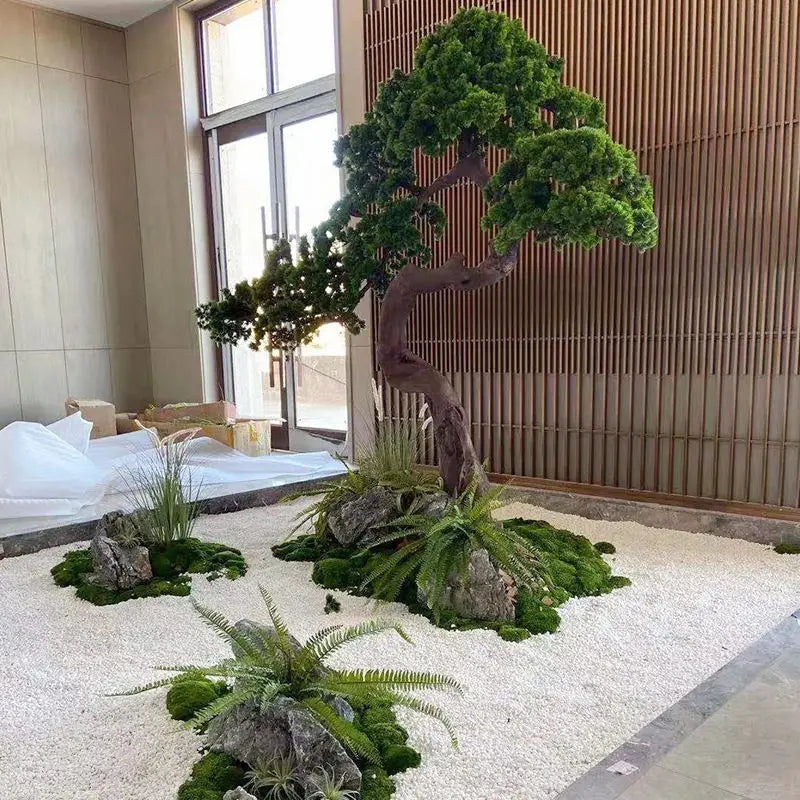 The UV-resistant pine bonsai used outdoors on a covered terrace beside seating